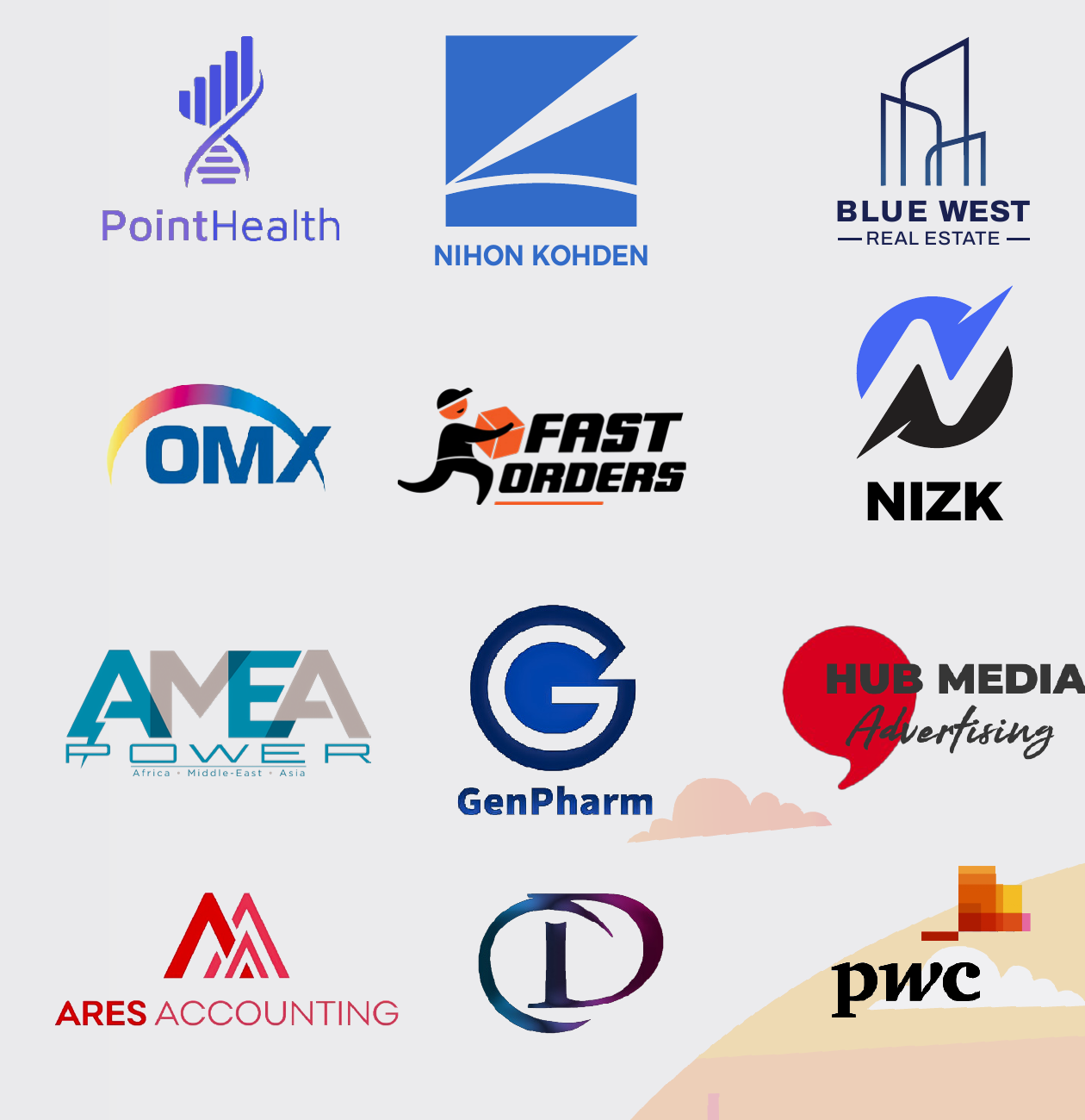 PointHealth, Nihon Kohden, Blue West Real Estate, OMX, Fast Orders, NIZK, AMEA Power, GenPharm, Hub Media, Ares Accounting, and PwC